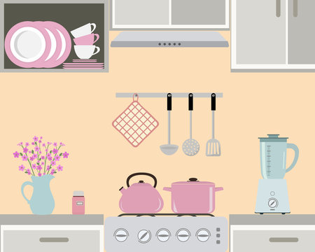 Fragment of a kitchen interior in pink color. Still life. There is a kettle and pan on the stove, also blender, a vase with flowers and other objects in the picture. Vector flat illustration