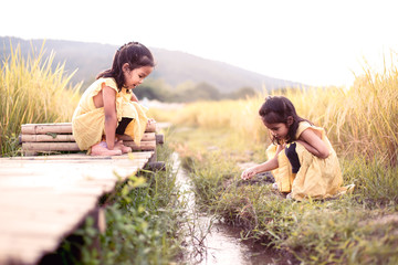 Two happy asian little child girls having fun to play together and sitting on bamboo walkway with stream in the paddy field in vintage color tone