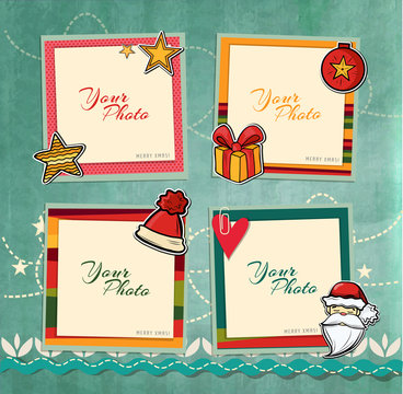Decorative vector template frame. This photo frame you can use for kids picture or memories. Scrapbook design concept. Insert your picture. Merry Christmas and Happy New Year