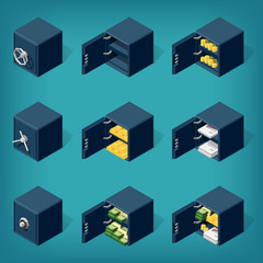 Set of isometric safe boxes, filled with money, gold, coins, documents. Eps10 Vector.