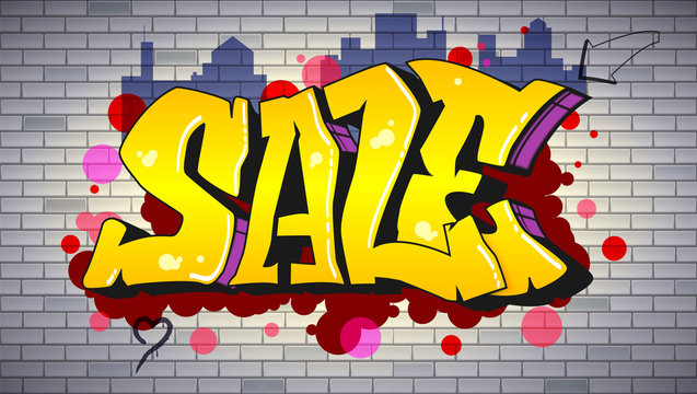 Sale, lettering in hip-hop, graffiti style. Urban ad horizontal poster. Street art on the brick wall. Advertising about discounts. Stylish design of banner with your offer. 3D illustration.