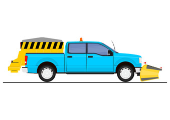 Fototapeta premium Cartoon snow plow and salt spreader. Flat vector.