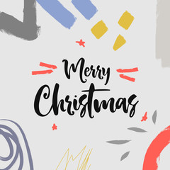 Merry Christmas. Greeting card with calligraphy. Handwritten modern brush lettering. Hand drawn design elements.