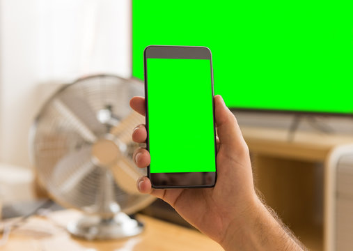 Young Adult Man Hand Hold Green Screen Smartphone With Green Screen Tv On Background In Bright Office In The Morning.