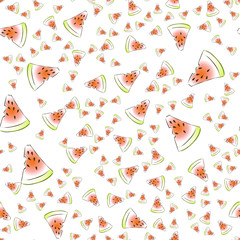 Vector seamless pattern with fresh watermelon slices on white backgroud. Lifght backdrop.