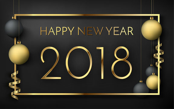 Happy new year 2018 black matte banner with golden frame, black and gold christmas balls. Premium holiday vector illustration, eps10