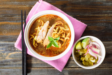 Northern Thai food (Khao soi), curry noodles soup with chicken