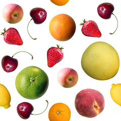 Seamless pattern with different fruits: lemon, cherry, grapefruit, orange, apple, strawberry