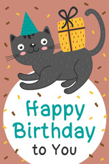 Happy Birthday card with black cat and gift - vector illustration, eps