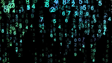 Abstract Technology Background. Web Developer. Computer Code. Programming. Coding. Hacker concept. Green and blue neon figures fall from top to bottom.