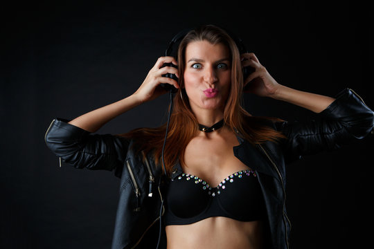 Image of young model in headphones and underwear