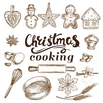Hand drawn sketch illustration christmas cooking Christmas ginger cookies