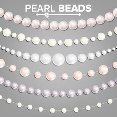 Pearl Beads Set Vector. 3D Realistic Shiny White Garlands. Necklace Jewelry. Wedding, Christmas Decoration. Illustration