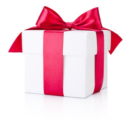 White gift box tied burgundy satin ribbon on a white background