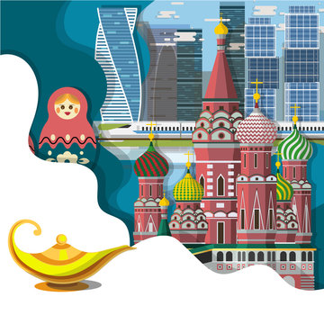 Travel infographic .Amazing Moscow. Russia infographic , Aladdin yellow iron lamp concept . Discover Russia concept.