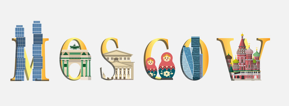 Travel infographic.Moscow infographic,Moscow  lettering and famous landmarks , Russia paper art concept.