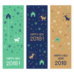 Chinese happy new year 2018 cross stitch greeting internet banners set with dog. Pixel art - 181627301