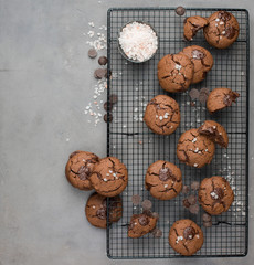 Chocolate chip cookies with dark chocolate and sea pink Himalayan salt on a gray concrete background. Best Brown Butter Cookies. Good morning! Flat lay, top view