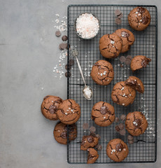 Chocolate chip cookies with dark chocolate and sea pink Himalayan salt on a gray concrete background. Best Brown Butter Cookies. Good morning! Flat lay, top view