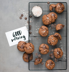 Chocolate chip cookies with dark chocolate and sea pink Himalayan salt on a gray concrete background. Best Brown Butter Cookies. Good morning! Flat lay, top view