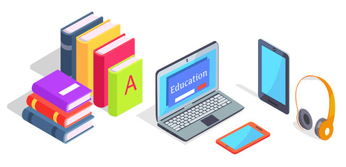 Devices Laptop and Headphones Tablet Pile Of Books