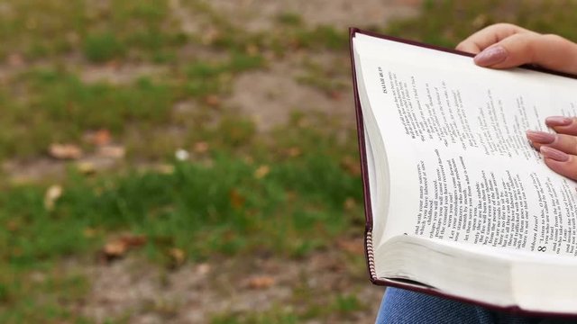 4k.Hands and bode of girl with  Bible in park. Slider shot