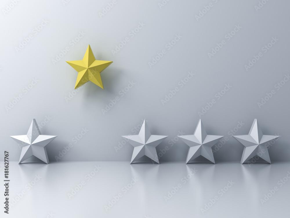 Fototapete Stand out from the crowd and different concept , One yellow star different from other white stars on white wall background with shadows and reflections . 3D rendering.