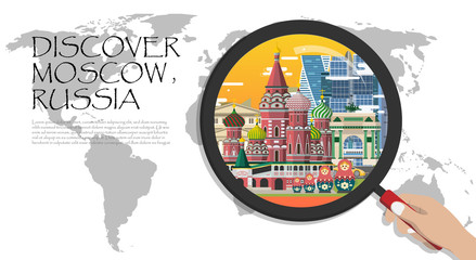 Moscow infographic tourist sights of Russia ,World Map with Magnifying Glass,hand holding magnifying glass,Discover Russia concept.