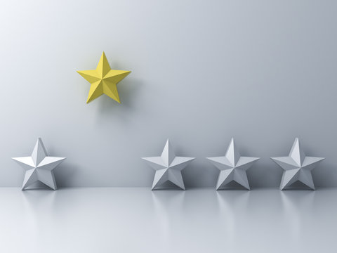 Stand out from the crowd and different concept , One yellow star different from other white stars on white wall background with shadows and reflections . 3D rendering.