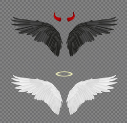 Set of angel and devil realistic wings, horns and halo isolated on transparent background