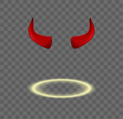 Set of vector red devil horns and shining angel halo isolated on transparent background