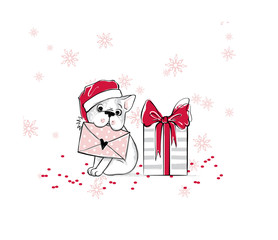 Merry Christmas illustration with funny dog. Hand drawn vector f