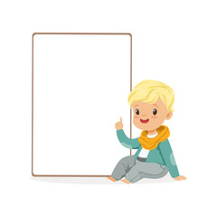 Cute boy character sitting next to white empty message board, kid with placard vector Illustration