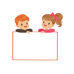 Cute boy and girl characters with white empty message board, kids standing behind placard vector Illustration
