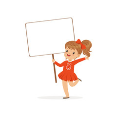 Sweet girl carrying blank signboard, kid standing with placard vector Illustration