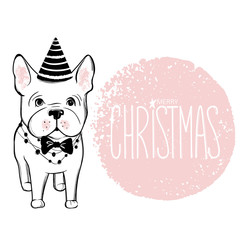 Merry Christmas illustration with funny dog. Hand drawn vector f