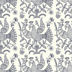 Indigo dye woodblock print seamless floral pattern. Vector Russian folk motif with mythical fire birds and flowers. Navy blue on ecru background. Textile print. - 181629132