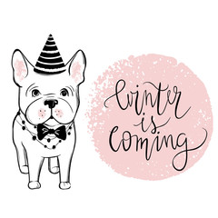 Merry Christmas illustration with funny dog. Hand drawn vector f