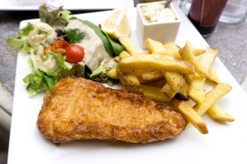 British Traditional fish and chips and  tartar sauce