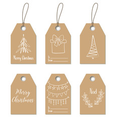 Christmas gift tags. Hand drawn craft labels - obrazy, fototapety, plakaty