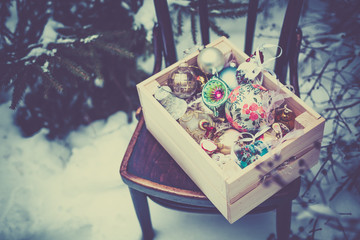 Christmas decoration balls in a wooden box