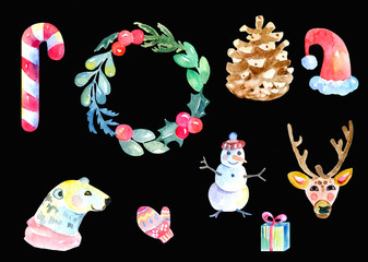 Christmas Symbols Set of design elements Watercolor isolated on black background