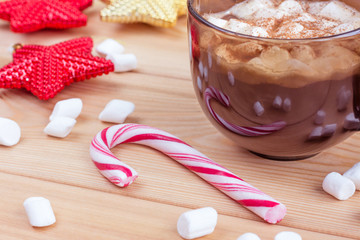 Fototapeta na wymiar Christmas red candy cane and cup of hot cocoa with marshmallows and Christmas decorations on wooden background