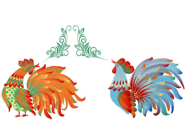 Red golden rooster symbol of 2017 by Chinese calendar. Realistic illustration of multicolor rooster on white background. Hand-drawn domestic bird. Poster with symbol of year. 