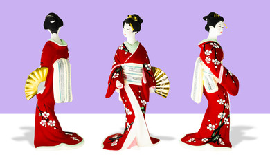 collection of Japanese dolls and isolated background with clipping path.