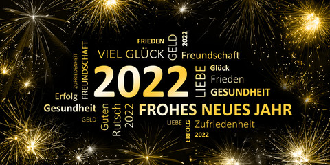 schwarz goldene Silvesterkarte mit Feuerwerk  Frohes neues Jahr 2022