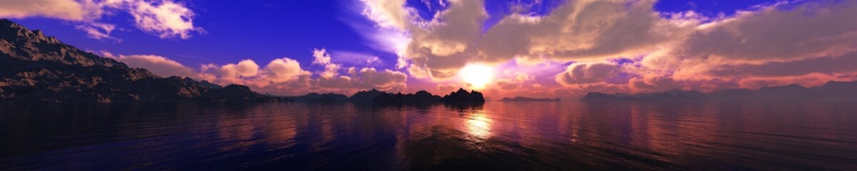 beautiful sunset in the sea, panorama of the sea landscape, water under the sky with clouds
