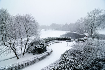 OSLO January 2015. Snow fall in Vigeland sculpture park or Vigelandpark in Oslo Norway. Vigeland is...