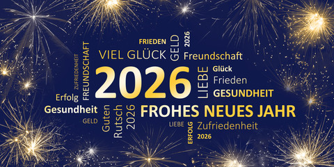 Neujahrsgruß 2026 blau gold mit guten wünschen