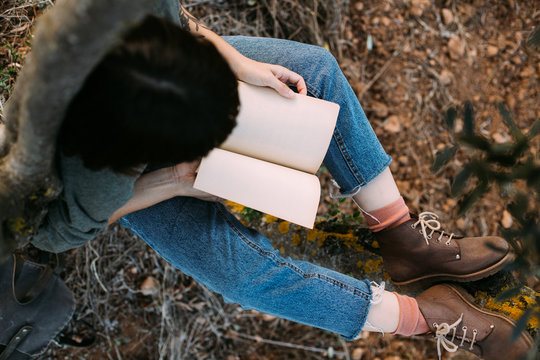 Top view of young pretty woman, student or tourist sitting on tree stump in garden or forest, opens white sample book, used for mockup or copy space, reads or writes memories